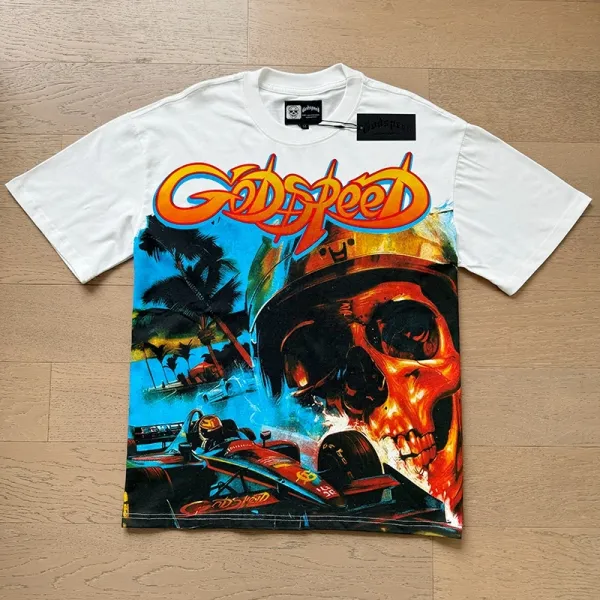 Godspeed Skull & Race Car Graphic White T-Shirt - 1