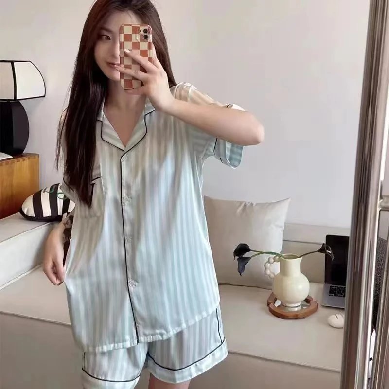 Design Striped Satin Pajama Set Mint Green Sleepwear