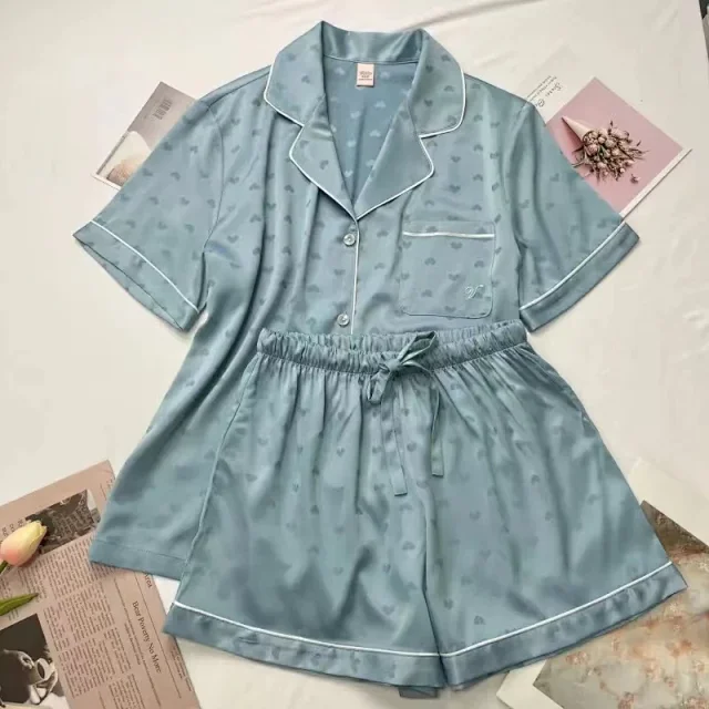 Unbranded Matching Sets Short-Sleeve Satin Pajama Shirt and Shorts Set product detail image 1
