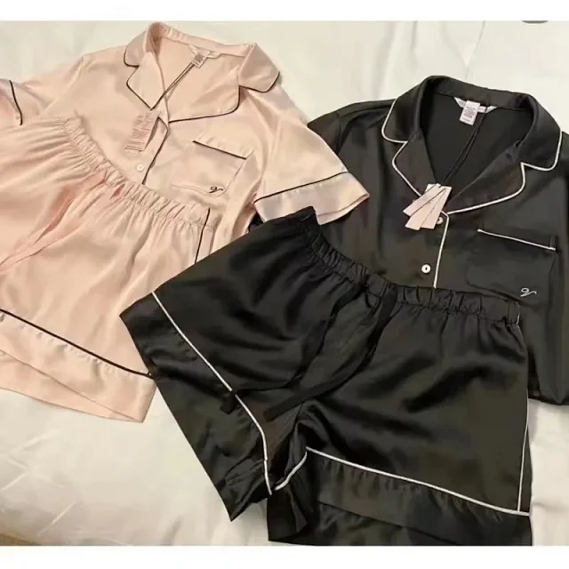 Unbranded Matching Sets Short-Sleeve Satin Pajama Shirt and Shorts Set product detail image 5