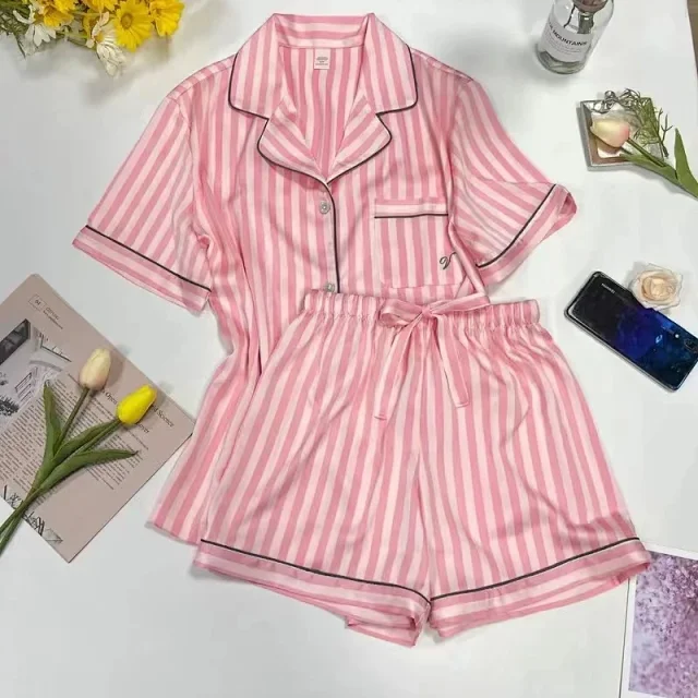 Unbranded Matching Sets Short-Sleeve Satin Pajama Shirt and Shorts Set product detail image 7