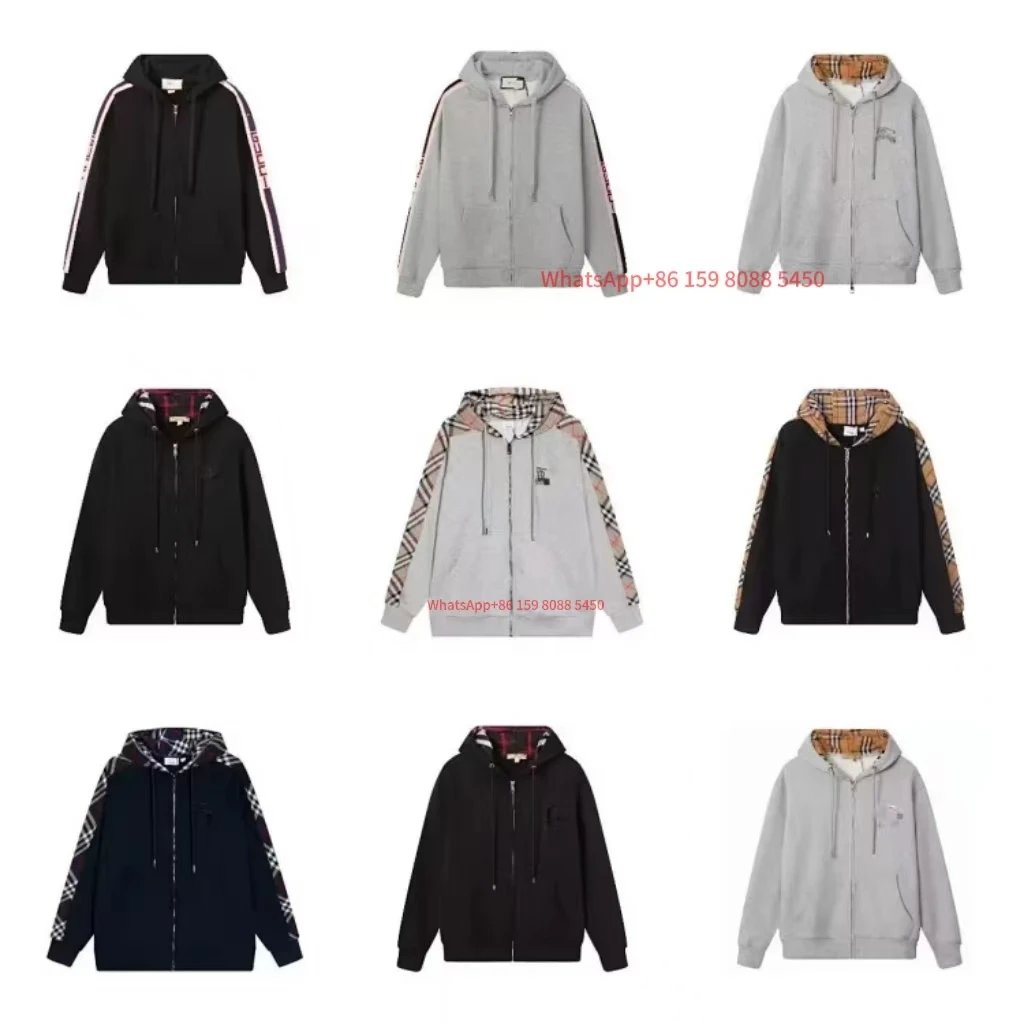 Burberry Black and Grey Zip-Up Hoodies with Patterned Sleeves