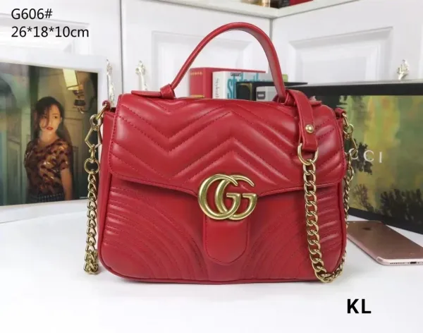 Gucci Marmont Mini Chevron Quilted Red Leather Chain Handbag - 1
