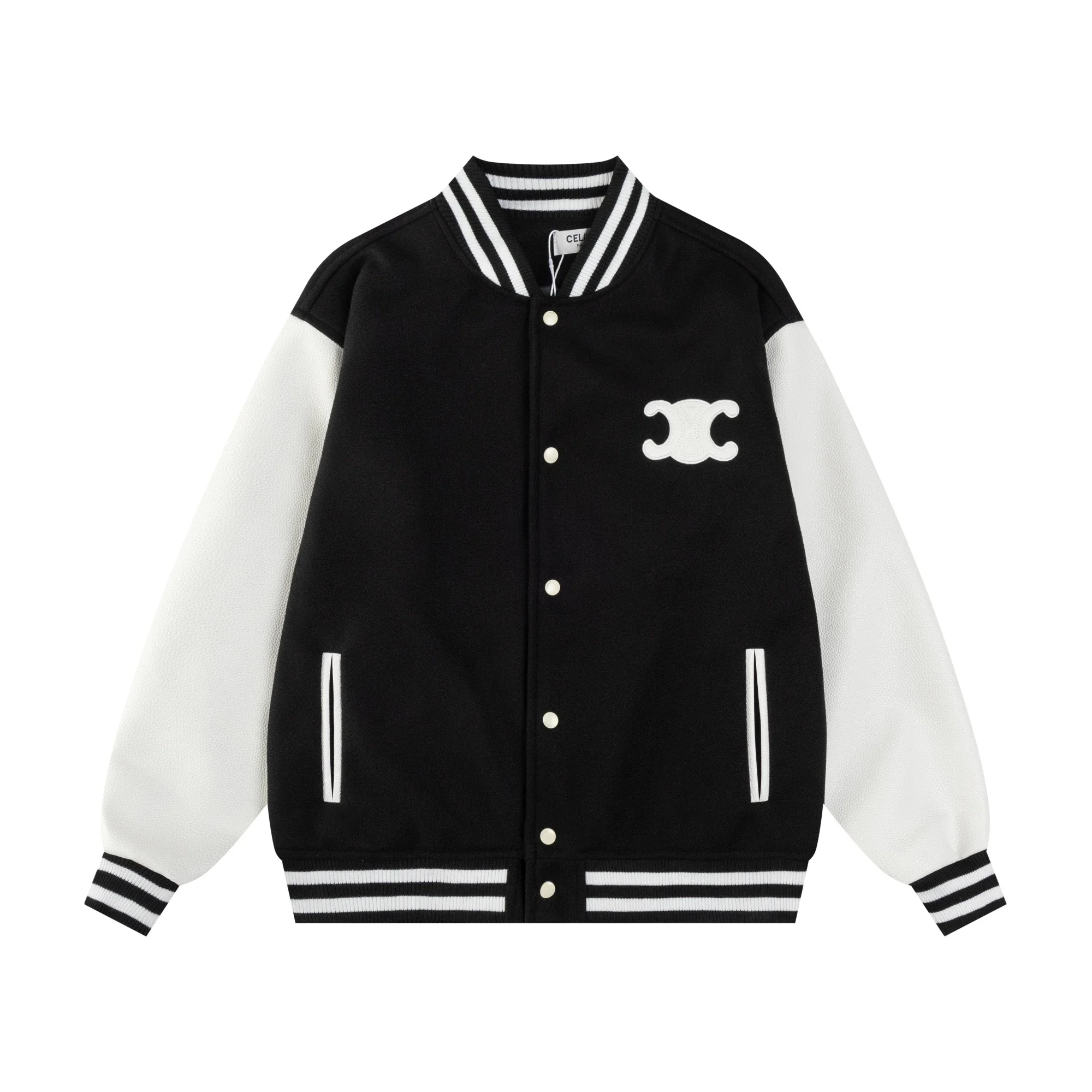 Celine，triomphe logo leather sleeve varsity jacket