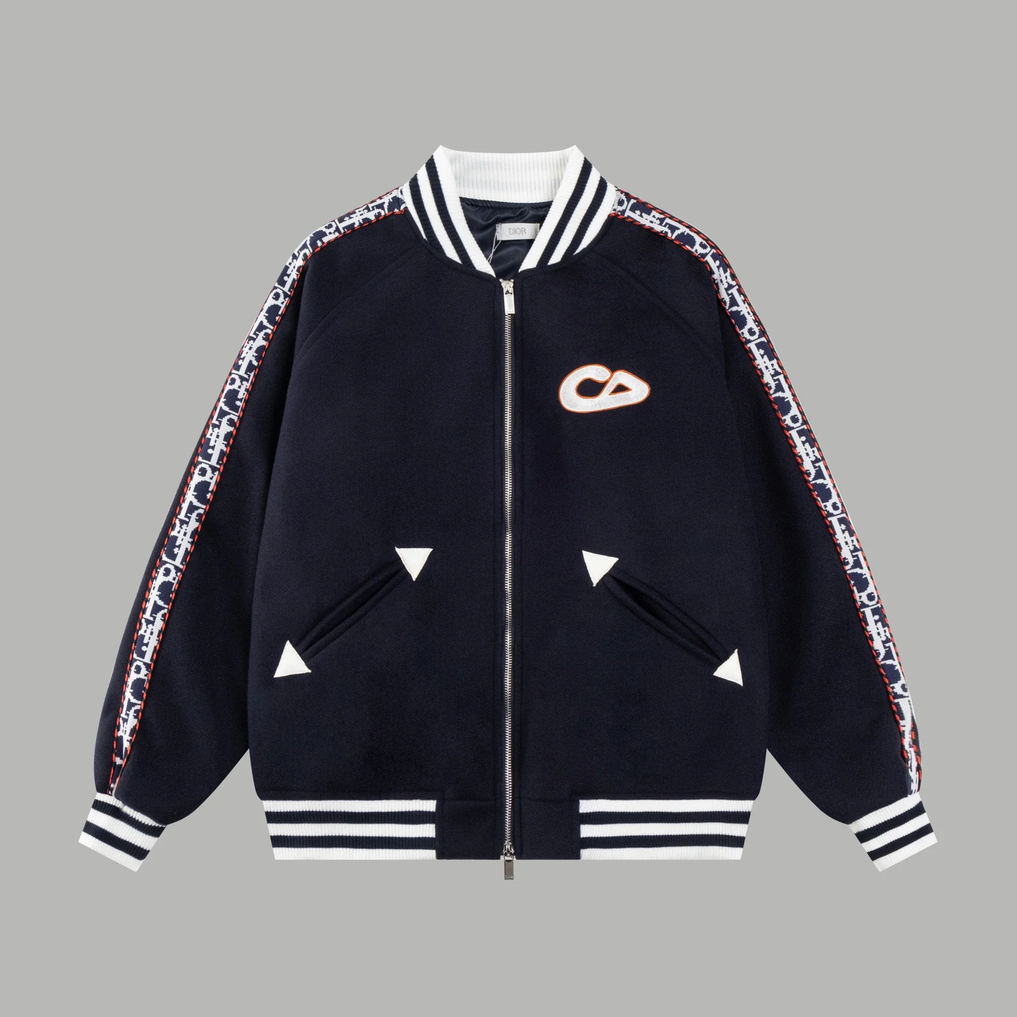 Dior，oblique tape trim zip varsity jacket