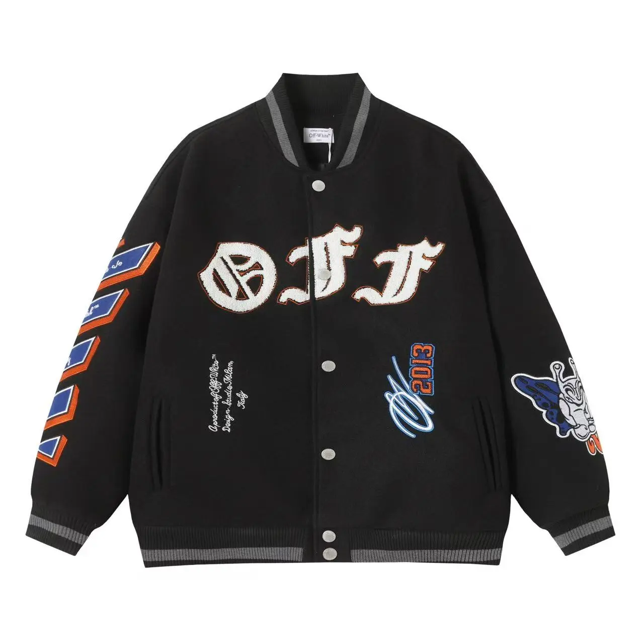 Off-White，multi-patch embroidery varsity jacket