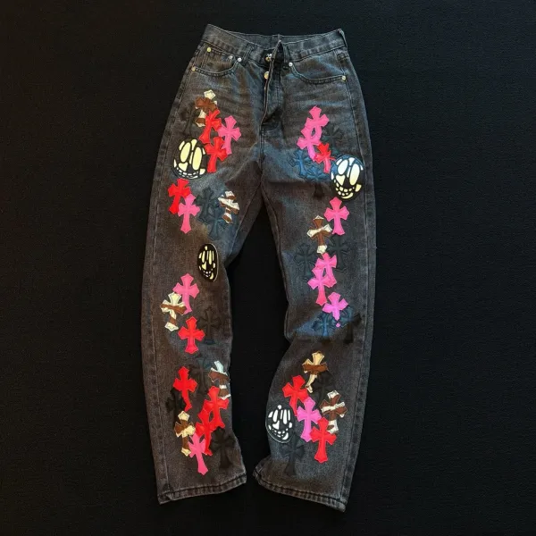 Chrome Hearts Cross & Skull Embroidered Distressed Denim Jeans - 1