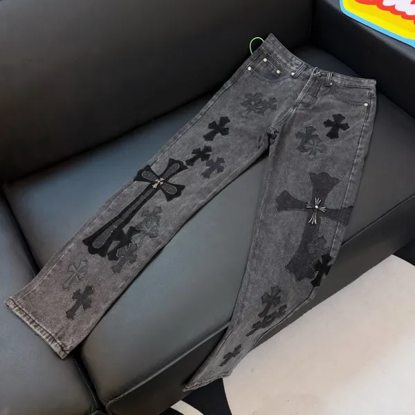 Chrome Hearts Cross-Embellished Distressed Gray Jeans - 1