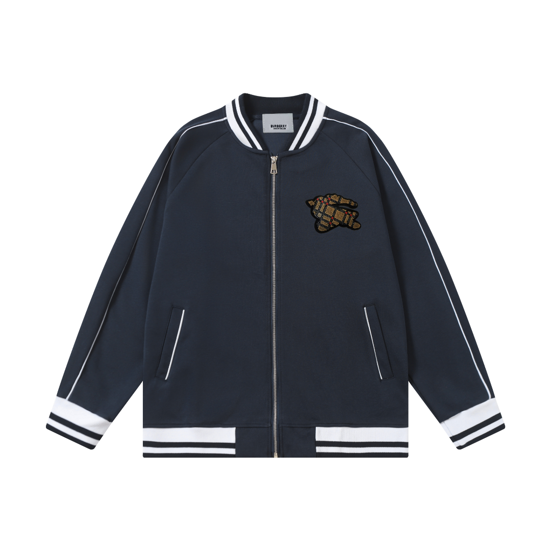 Burberry Monogram-Embroidered Varsity Jacket Navy Outerwear Jacket - 3