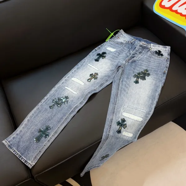 Chrome Hearts Cross Embroidered Distressed Light Wash Jeans - 1
