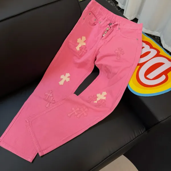 Chrome Hearts Cross-Embroidered Pink Denim Jeans - 1