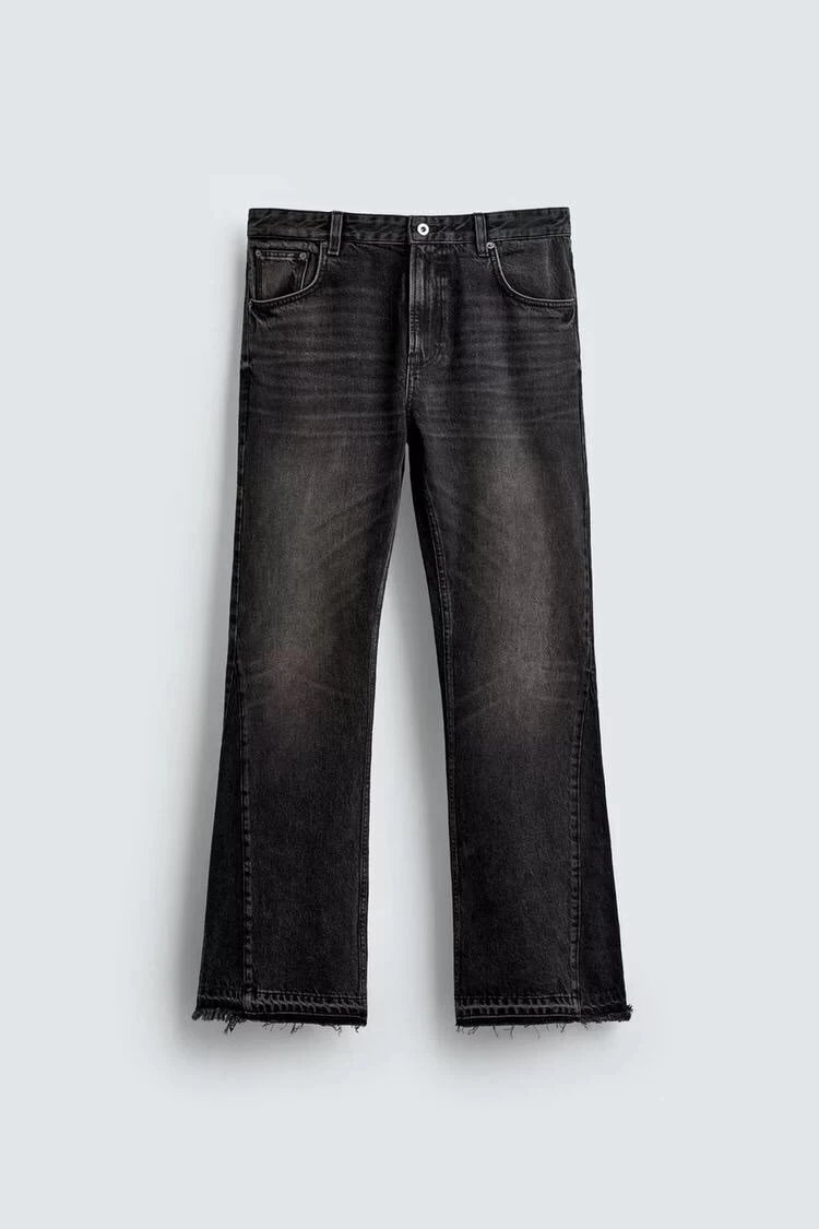 YM01 Zara's new men's American washed cotton comfortable casual long flared jeans with rough edges