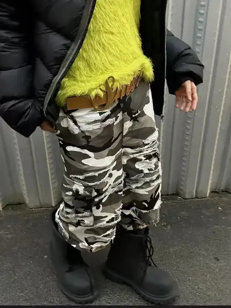 Balenciaga Distressed Camo Cargo Pants with Fuzzy Lime Top and Black Puffer Jacket - 1