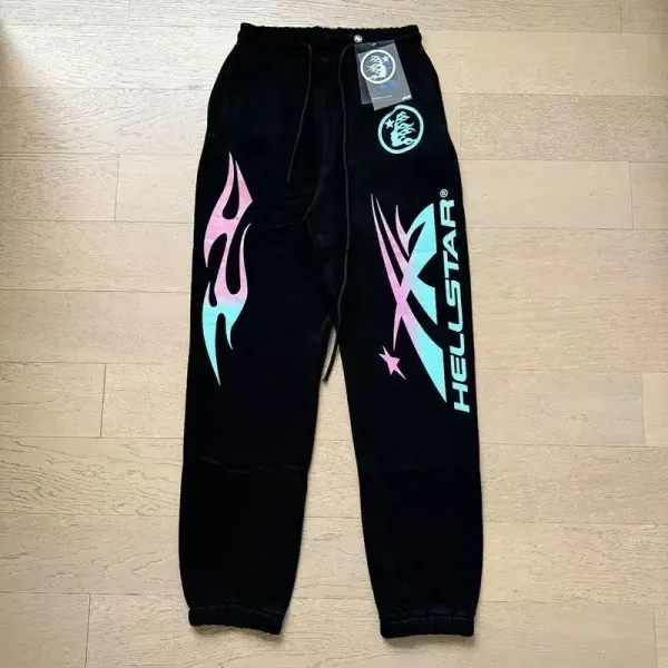 Hellstar X Flame Print Velvet Sweatpants Black - 1