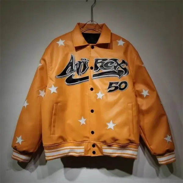 Ami Paris Star-Embroidered Orange Leather Varsity Jacket - 1