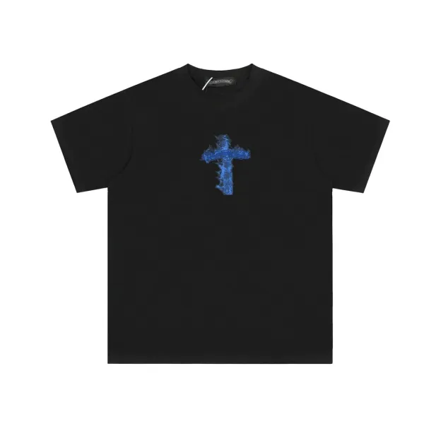 Chrome Hearts Cross Flame Blue Embroidered T-Shirt Black - 1