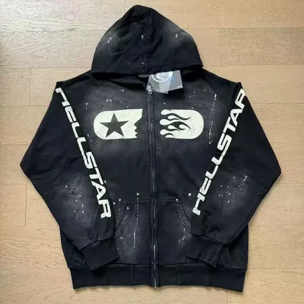 Hellstar Distressed Graphic Zip-Up Hoodie Black - 1
