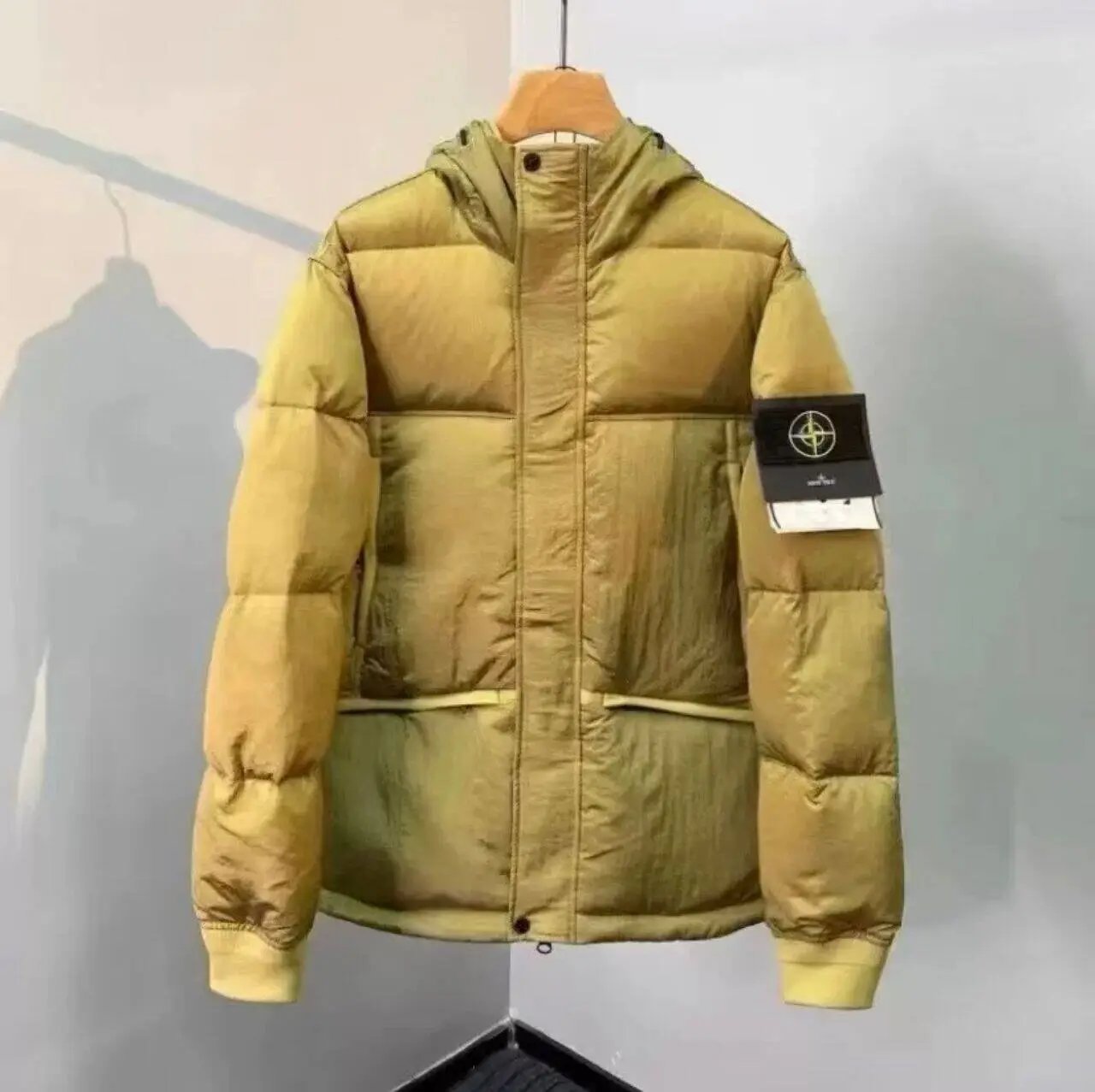 Stone Island Down Jackets Hooded quilted puffer jacket with sleeve compass patch — metallic yellow-05