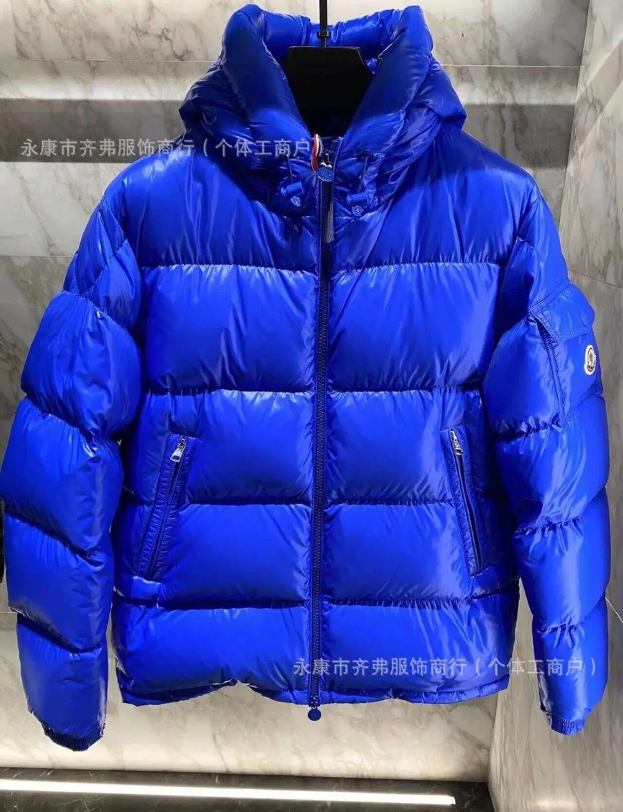 Stone Island Down Jackets Hooded quilted puffer jacket with sleeve compass patch — Blue-26