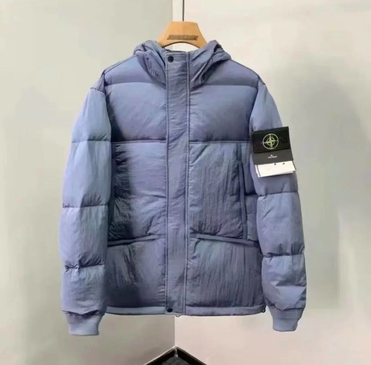 Stone Island Down Jackets Hooded quilted puffer jacket with sleeve compass patch — Light blue-03