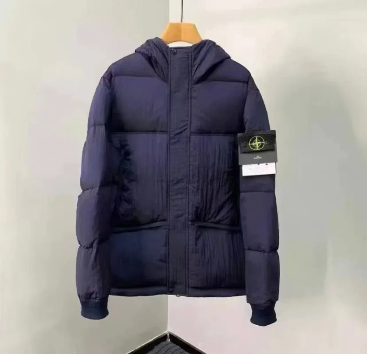 Stone Island Down Jackets Hooded quilted puffer jacket with sleeve compass patch — Blue-02