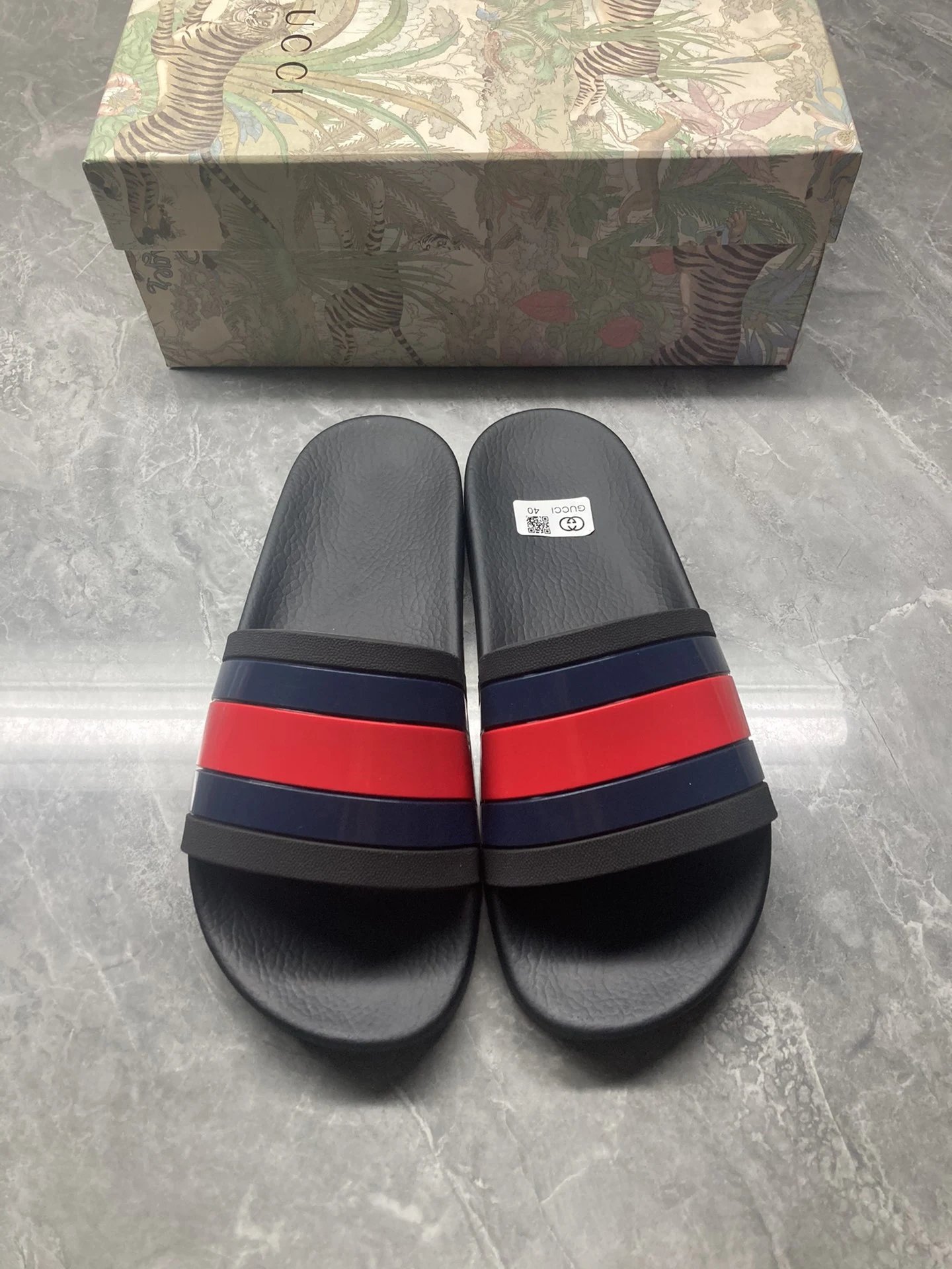 Gucci Web Stripe Pool Slide Black Navy Red