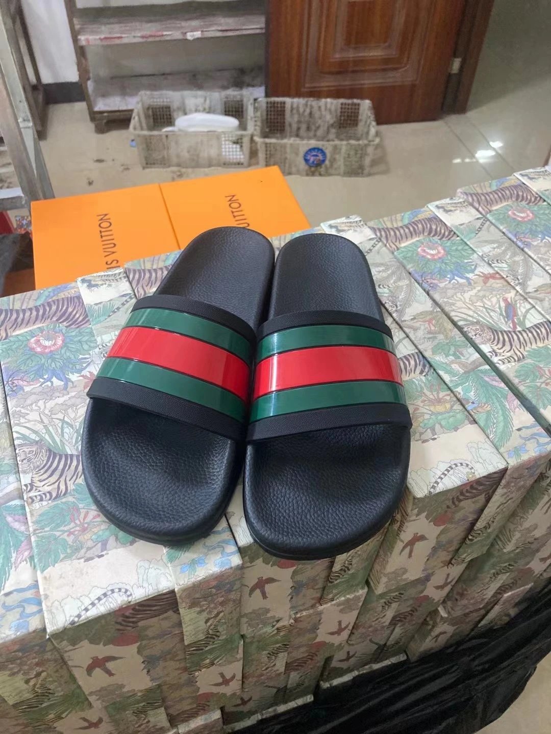 Gucci Web Stripe Pool Slide Black Green Red