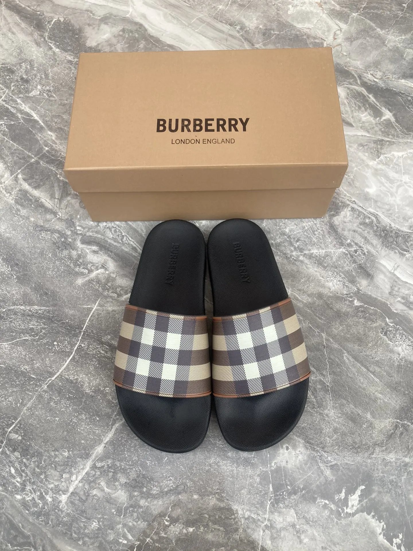 Burberry Check Slide Sandal Dark Birch Brown Black