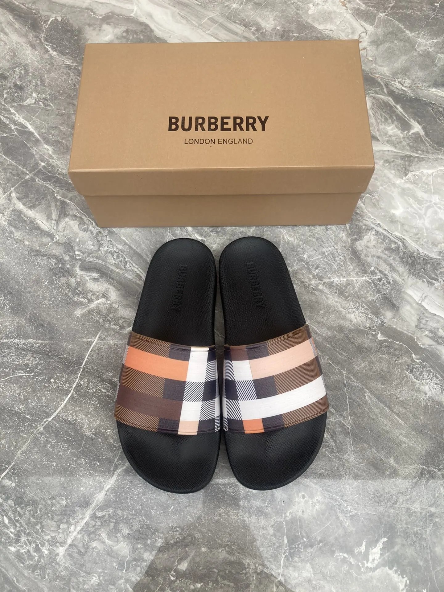 Burberry Check Slide Sandal Tan Orange Black