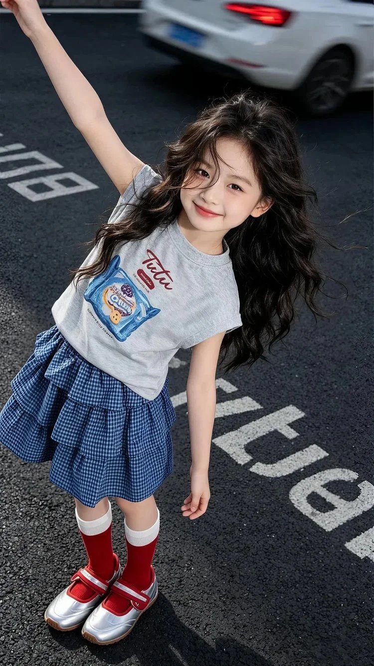 Got the top + skirt ~ [Sweet girl's biscuit sleeveless T-shirt + plaid cake skirt two-piece set] can be worn alone or stacked to go to school, travel, birthday parties, parent-child outings. One set can be worn all summer long ~