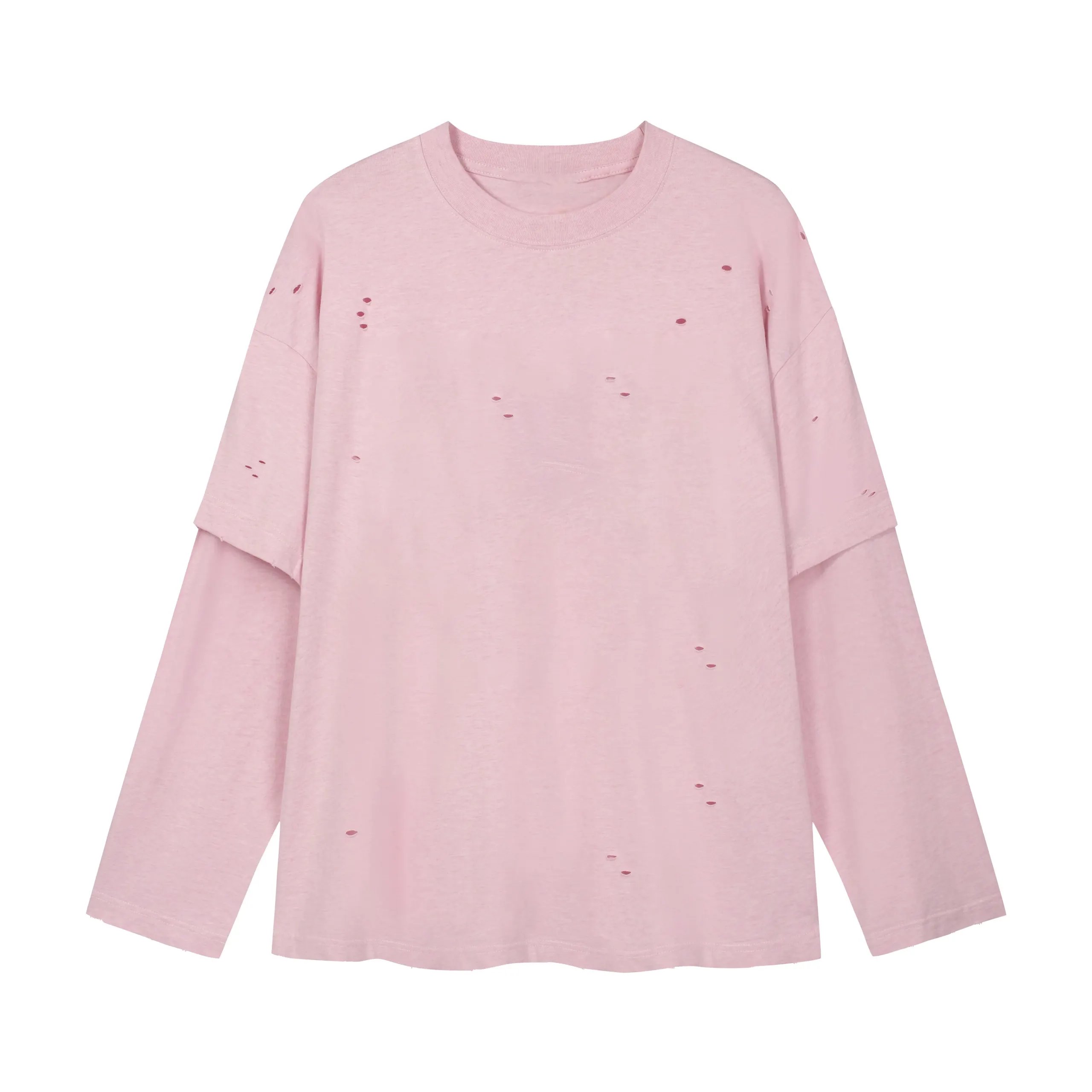 Mock Two-Piece Distressed Button Long Sleeve Tee