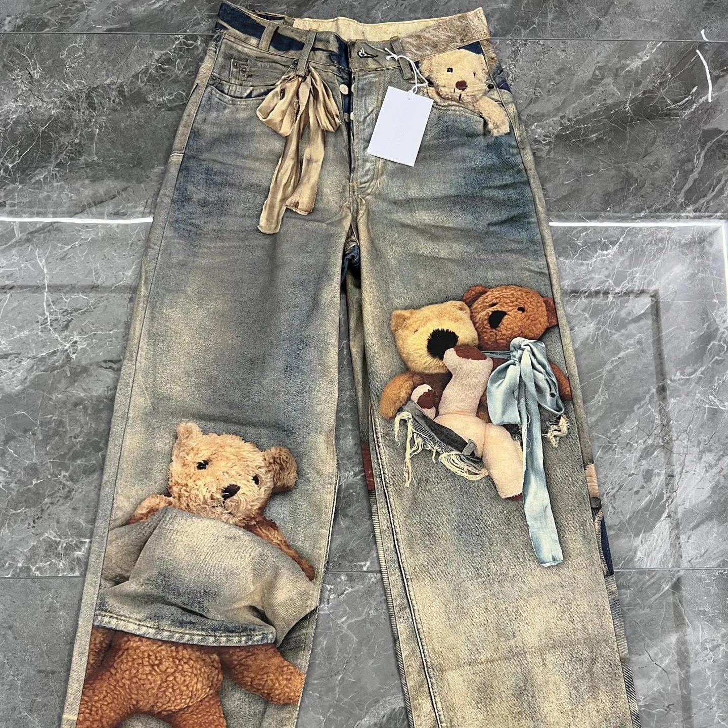 3D Teddy Bear Wide Leg Jeans