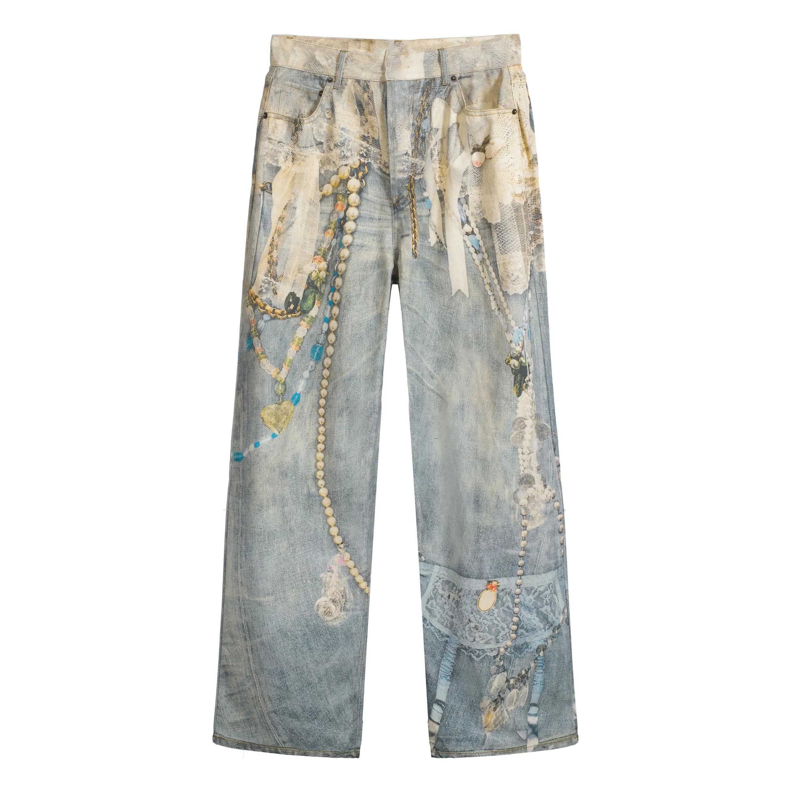 AC Lace Pearl Optical Illusion Digital Print Wide-Leg Jeans