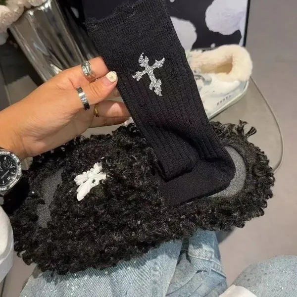 Crystal Cross Embroidered Ribbed Socks in Gray and Black - 4