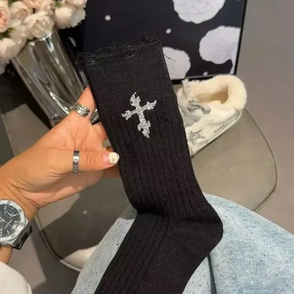 Crystal Cross Embroidered Ribbed Socks in Gray and Black - 3