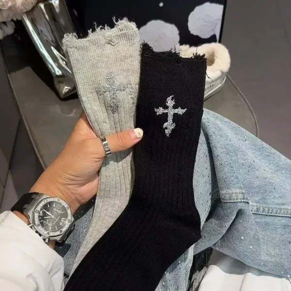 Crystal Cross Embroidered Ribbed Socks in Gray and Black - 5