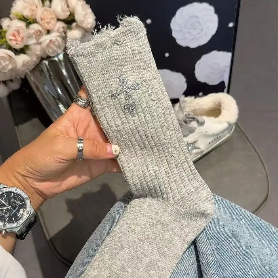 Crystal Cross Embroidered Ribbed Socks in Gray and Black - 6