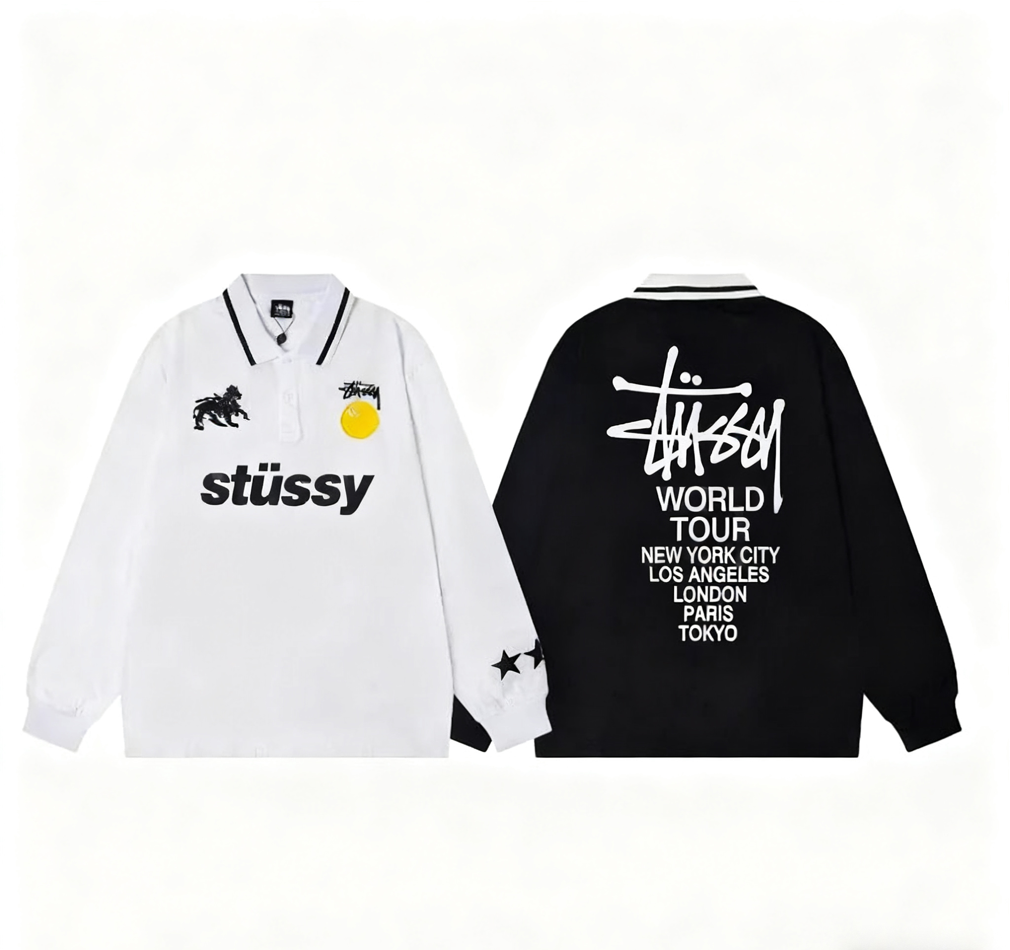 Stussy Black and White Long Sleeve Polo Shirt