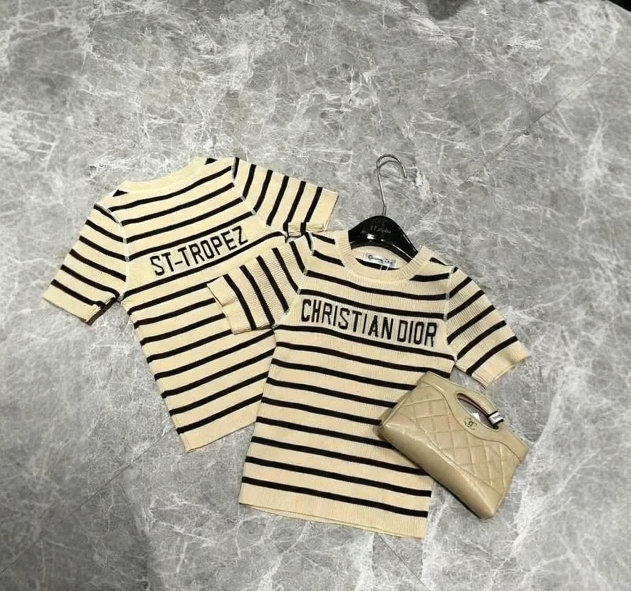 Christian Dior Beige Striped Short Sleeve Top