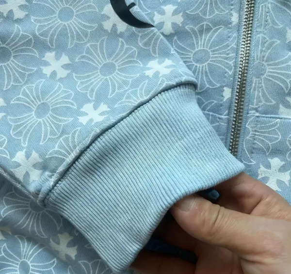 Chrome Hearts Floral Print Zip-Up Hoodie in Black, Light Blue, and Off-White - 6
