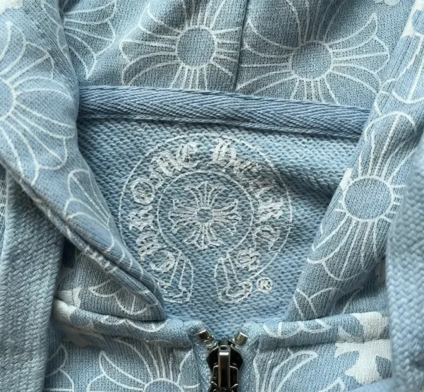Chrome Hearts Floral Print Zip-Up Hoodie in Black, Light Blue, and Off-White - 5