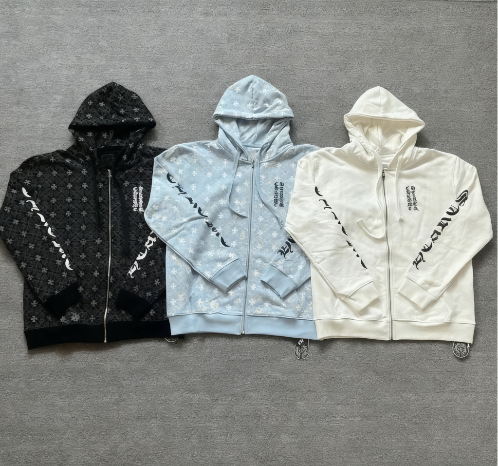 Chrome Hearts Zip-Up Hoodie in Black, Blue, and White