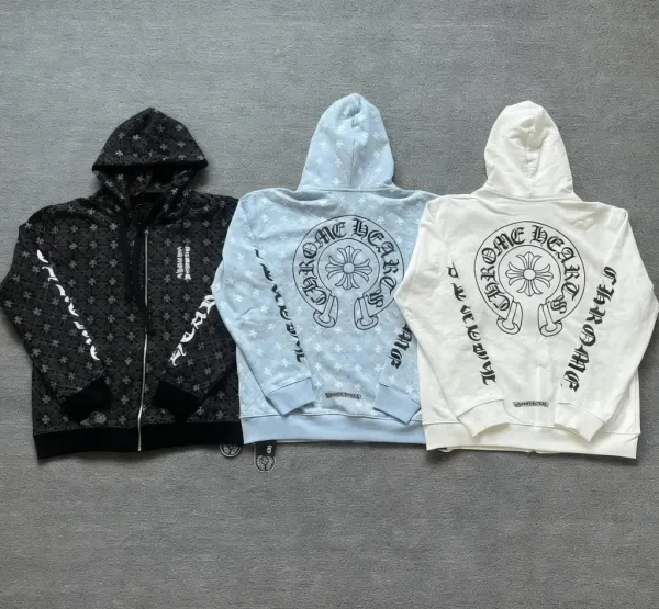 Chrome Hearts Floral Print Zip-Up Hoodie in Black, Light Blue, and Off-White - 4
