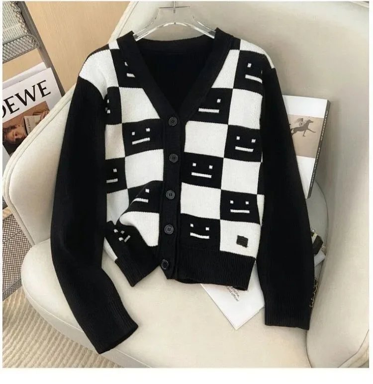 Black and White Checkerboard Cardigan Sweater