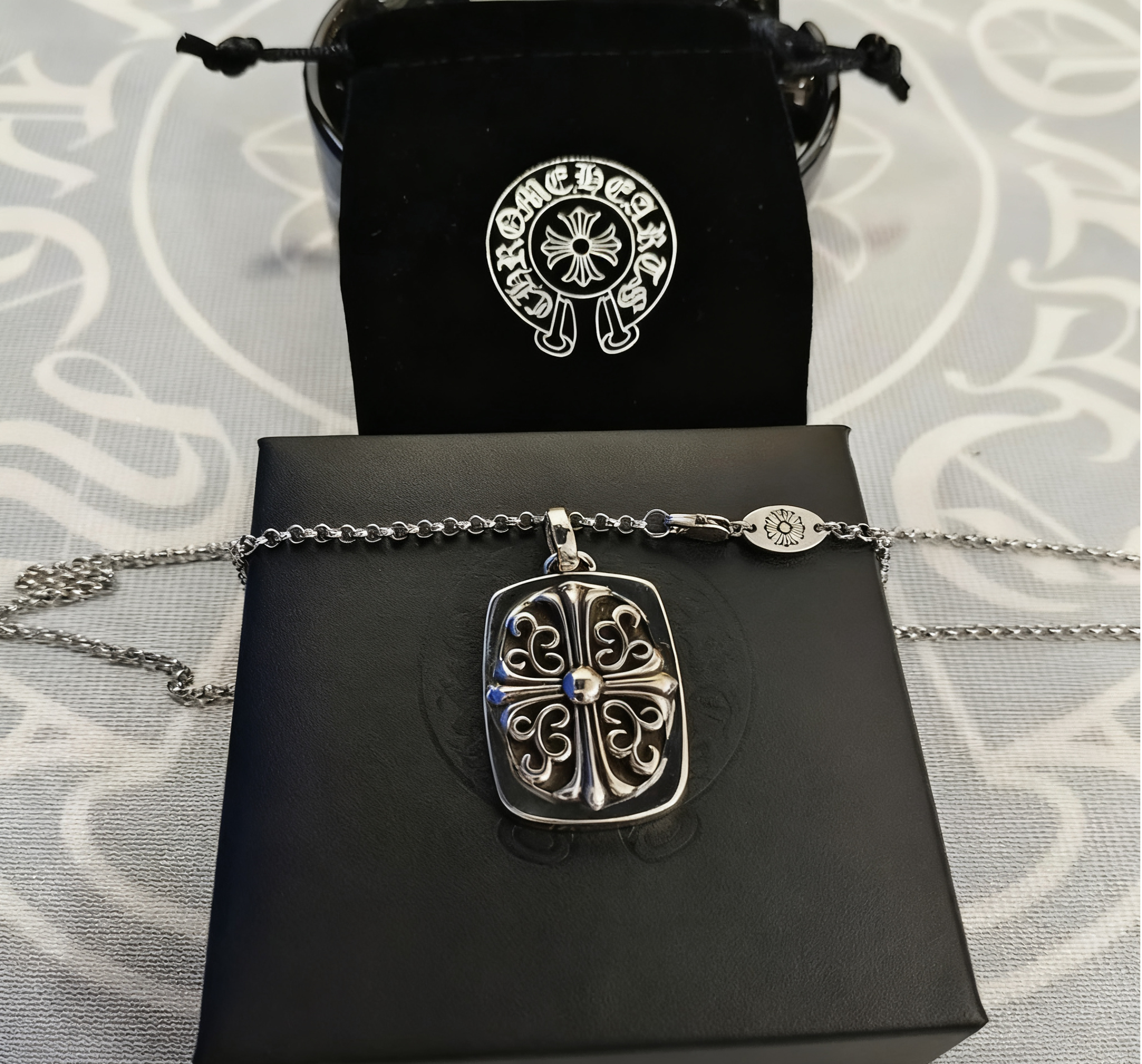 Square cross pendant with a pearl necklace SKU image