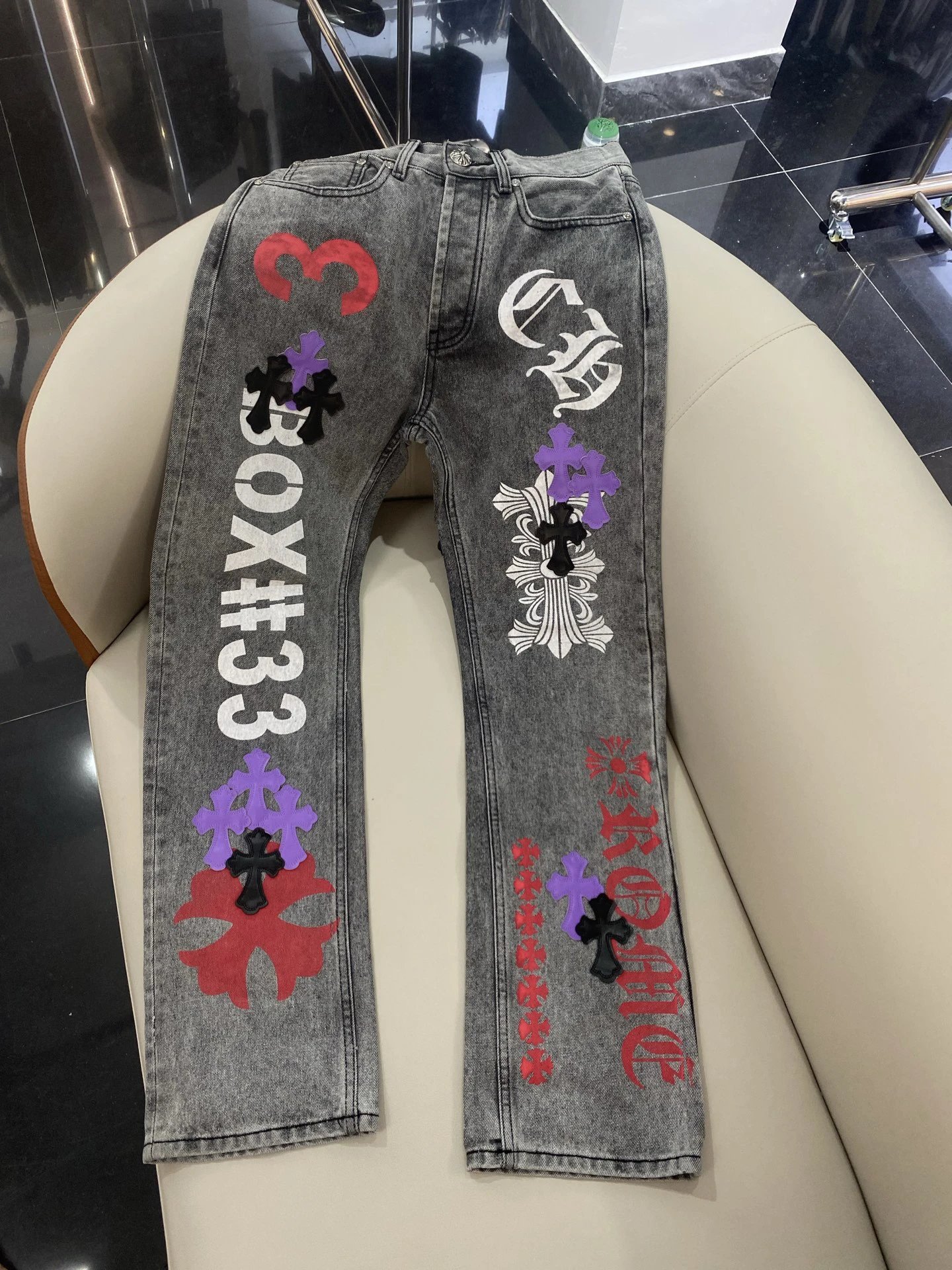 Chrome Hearts Jeans Box #33 Cross Patch Grey
