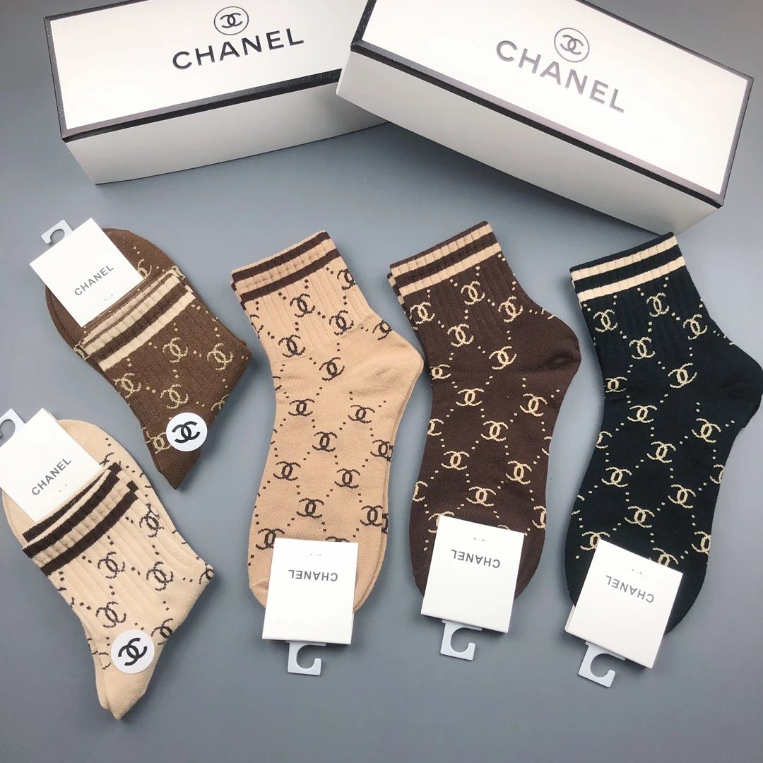 Chanel CC Logo Pattern Socks in Beige, Brown, and Black