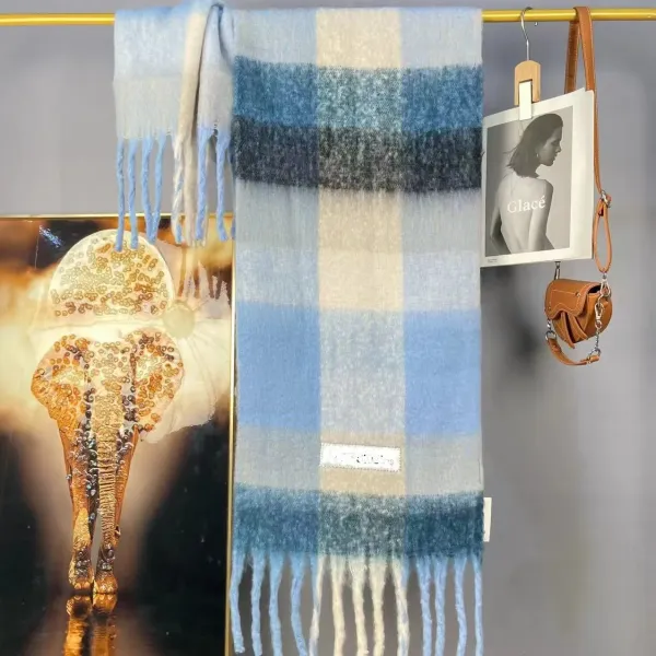 Design Plaid Gradient Cashmere Scarf in Blue and Beige Scarves - 1
