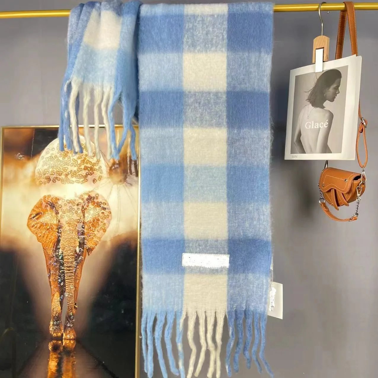 Design Blue and Cream Plaid Cashmere Scarf Scarves