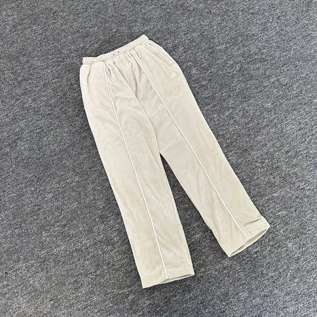 Design Velvet Track Pants Beige with White Stripe Sweatpants - 1